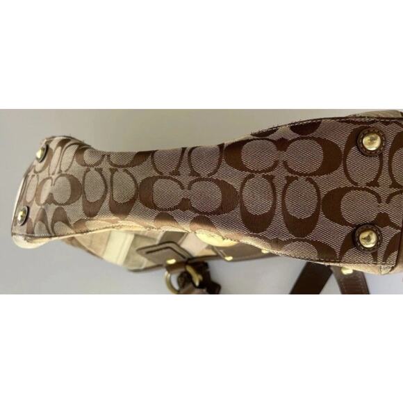 COACH KHAKI BROWN SIGNATURE PATCHWORK ZIP TURNLOCK TOTE BAG PURSE SATCHEL 12524 - Picture 3 of 10